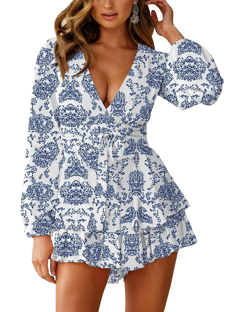 Relipop Womens Floral Print Romper V Neck Long Sleeve Double Layer Ruffle Hem Shorts Jumpsuit 202... | Amazon (US)
