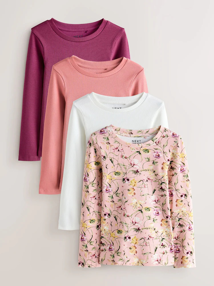 Pink Floral Print Long Sleeve Ribbed T-Shirts 4 Pack (3-16yrs) | Next US
