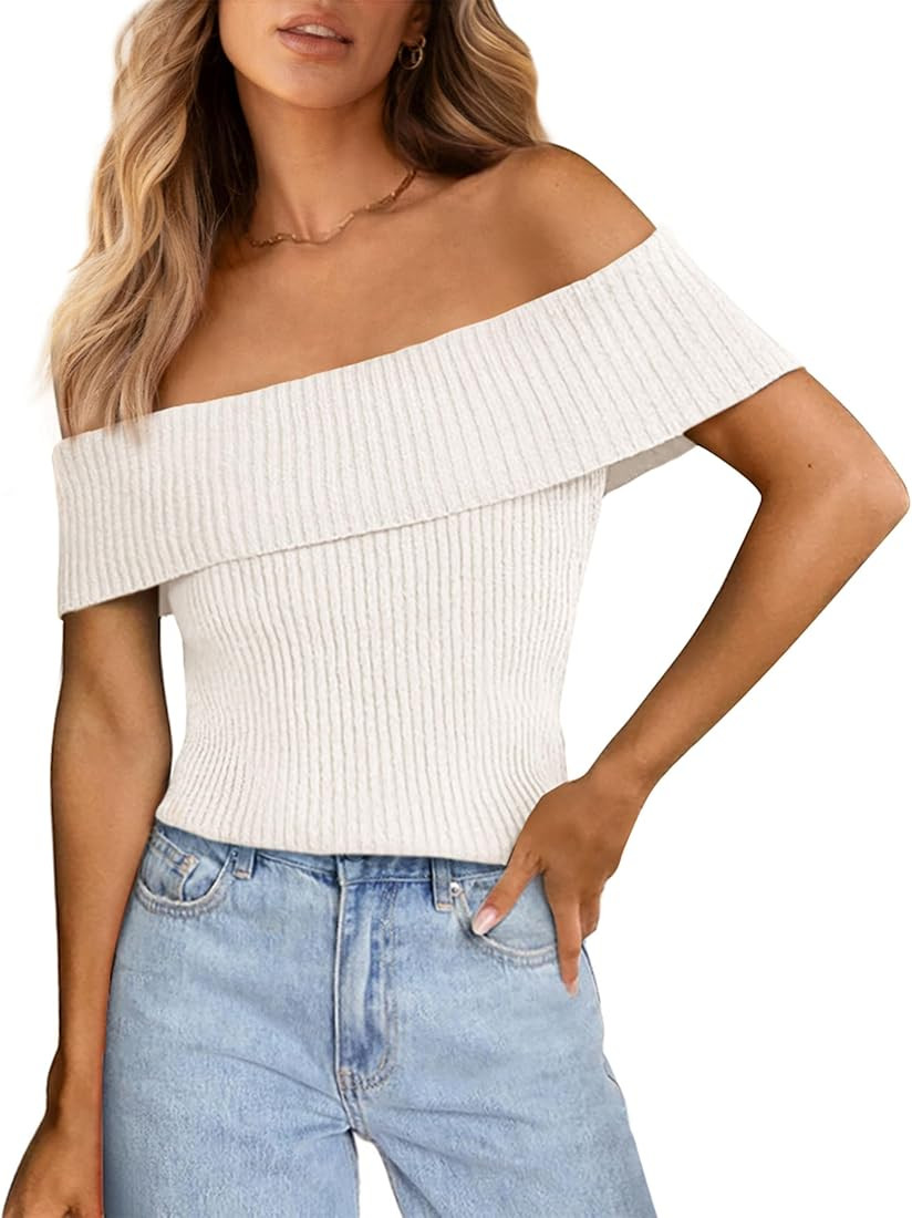 PRETTYGARDEN Women's 2025 Summer Off Shoulder Sweater Tops Ribbed Knit Short Sleeve Trendy Going ... | Amazon (US)
