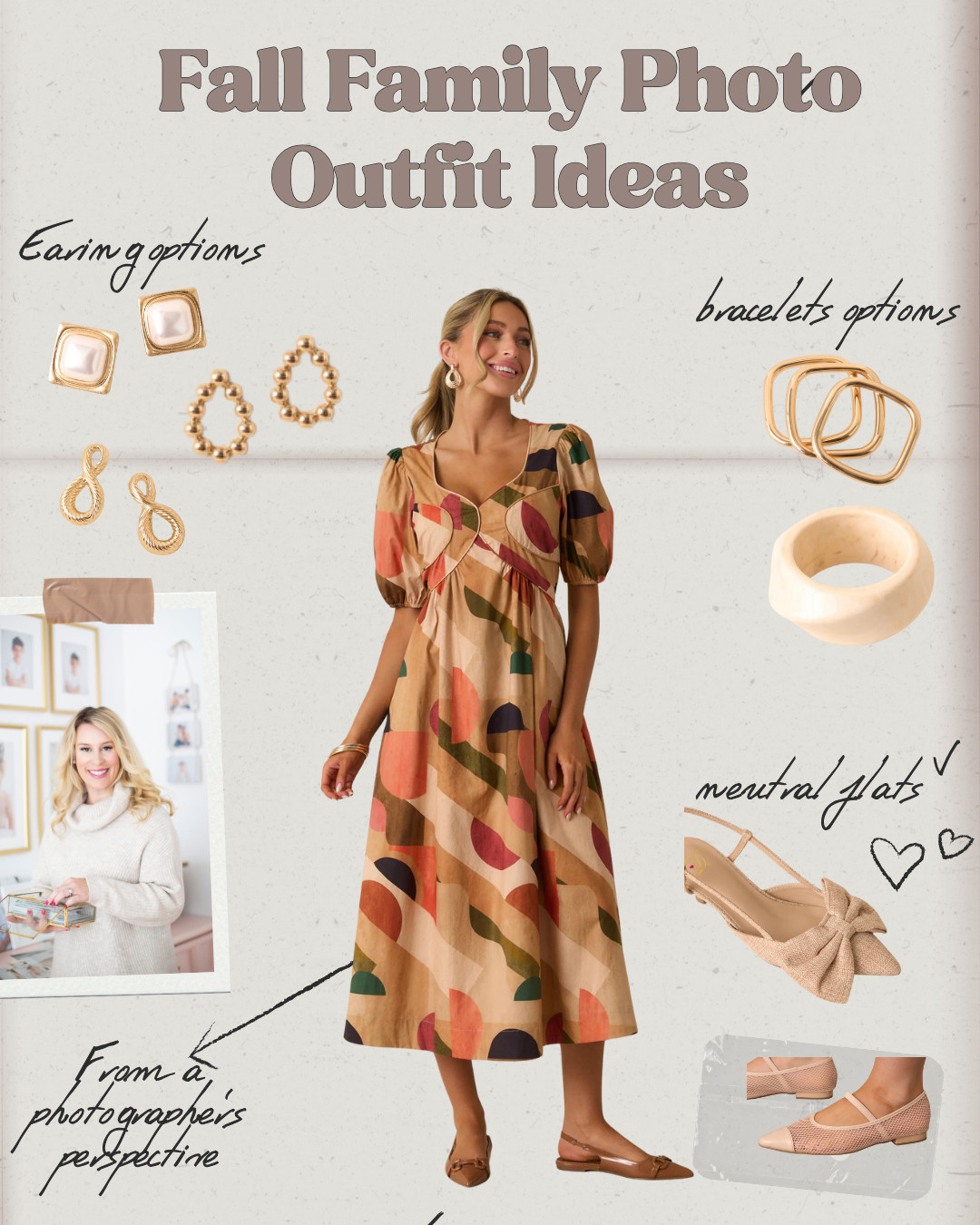 As a family photographer of 16+ years, I always recommend dresses with flow, texture, and color that pop against fall scenery. This geometric print midi dress checks every box — the puff sleeves add structure, the skirt has beautiful movement for photos, and the earthy jewel tones stand out perfectly against autumn leaves. 🍂✨

I’ve linked this dress, the neutral flats, and jewelry options so you can shop the full look for your family photos. Save this for outfit planning!

#FallFamilyPhotos #FamilyPhotoOutfits #LTKSeasonalStyle 

 #LTKmidsize #LTKfamily #LTKdresses