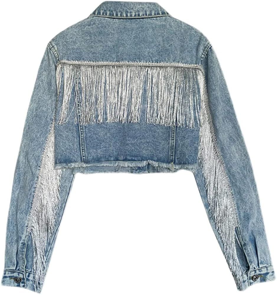 SCOFEEL Women’s Crop Denim Jackets Frayed Button Down Long Sleeve Jean Jacket with Fringe | Amazon (US)
