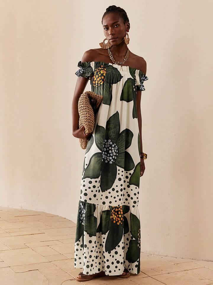 SHEIN Lady Women's Fashion Floral Print Off-Shoulder Super Long Dress, Vacation Style Women Dresses Summer African Woman Clothing New Arrivals Women Dress African Dress Dresses For Women Summer Spring,Bohemia | SHEIN