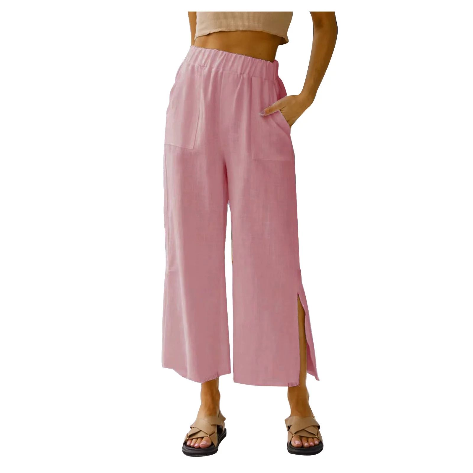 QUYUON Beach Pants Casual Solid Medium Waist Pocket Loose Split Wide Leg Pants Wide Leg Sweatpant... | Walmart (US)