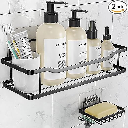 OMAIRA Shower Caddy, Adhesive Shower Organizer with 4 Hooks, No Drilling Shower Shelf, Rustproof ... | Amazon (US)