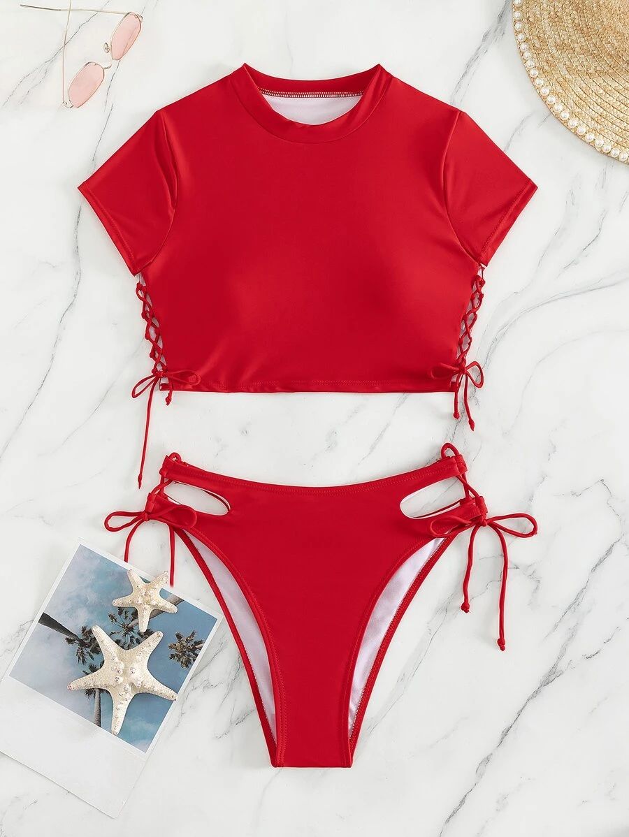 Solid Bikini Set Short Sleeve Tee & Cut Out Tie Side Bottom 2 Piece Bathing Suit | SHEIN