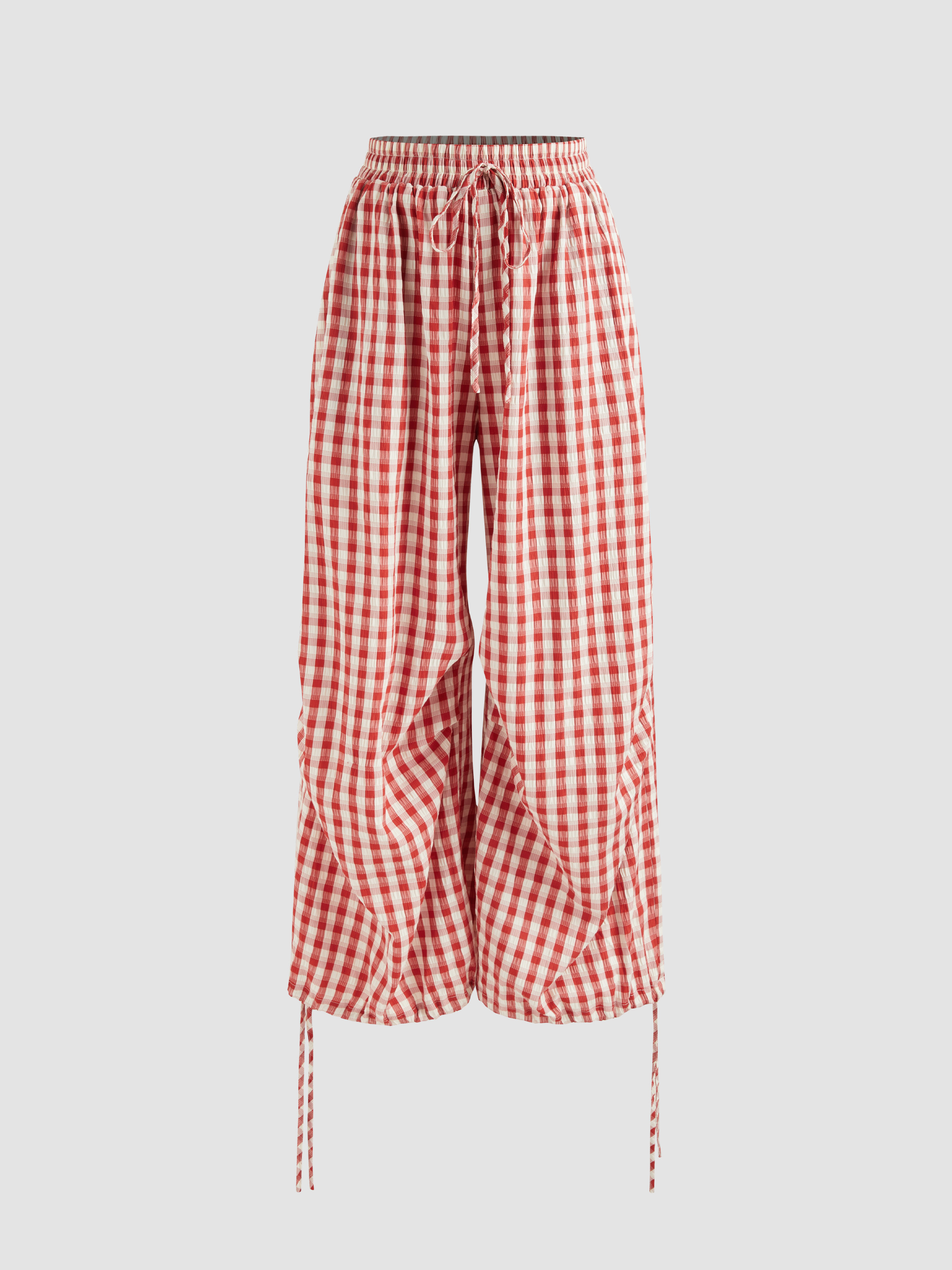 Woven Mid Rise Gingham Knotted Drawstring Pocket Wide Leg Trousers For School | Cider