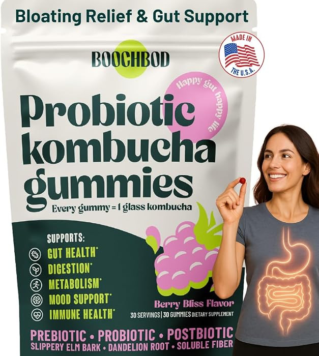 BoochBod - Probiotic Kombucha Gummy - Prebiotics, Probiotics, Postbiotics, Fiber Supplement, Slip... | Amazon (US)