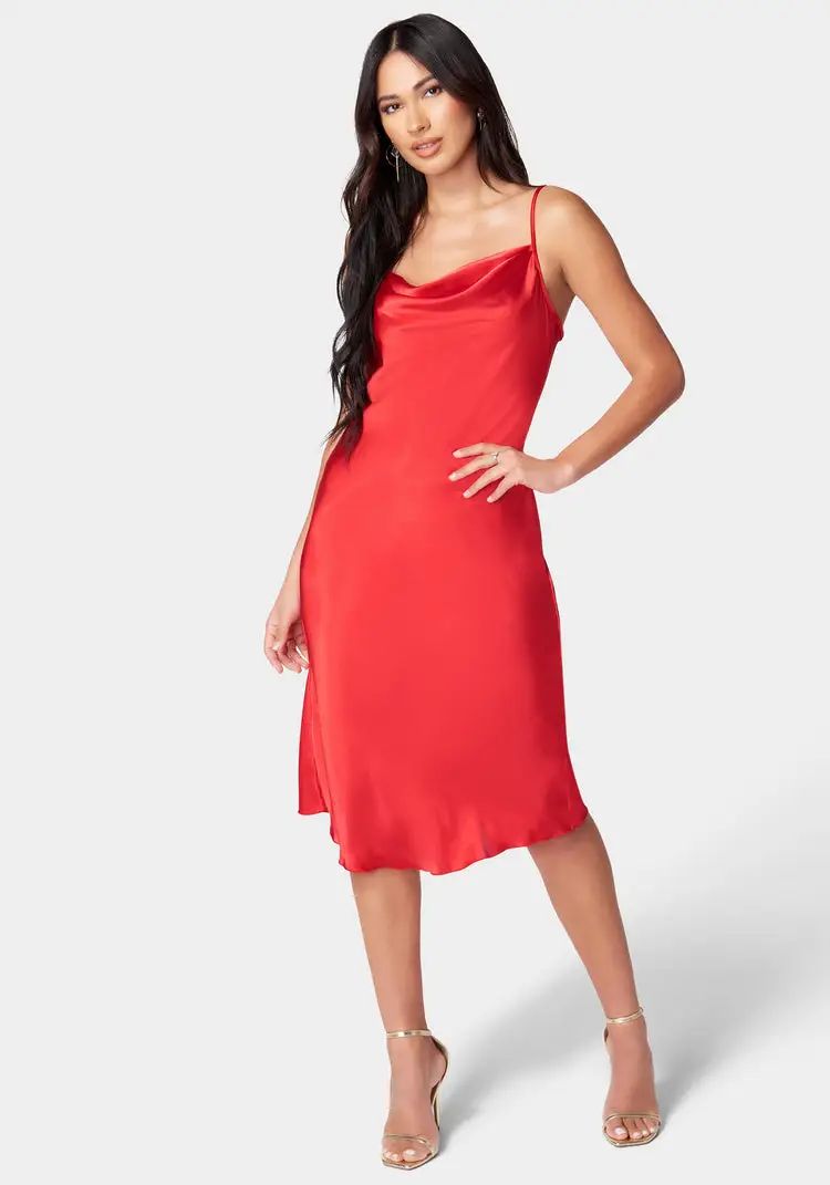 Satin Cowl Neck Slip Midi Dress | Bebe