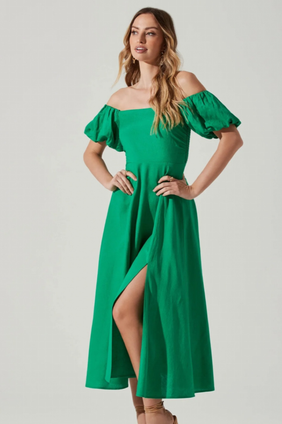 Green off the shoulder puff sleeve midi dress with leg slit, perfect dress for summer travel!

#LTKunder100 #LTKSeasonal #LTKtravel