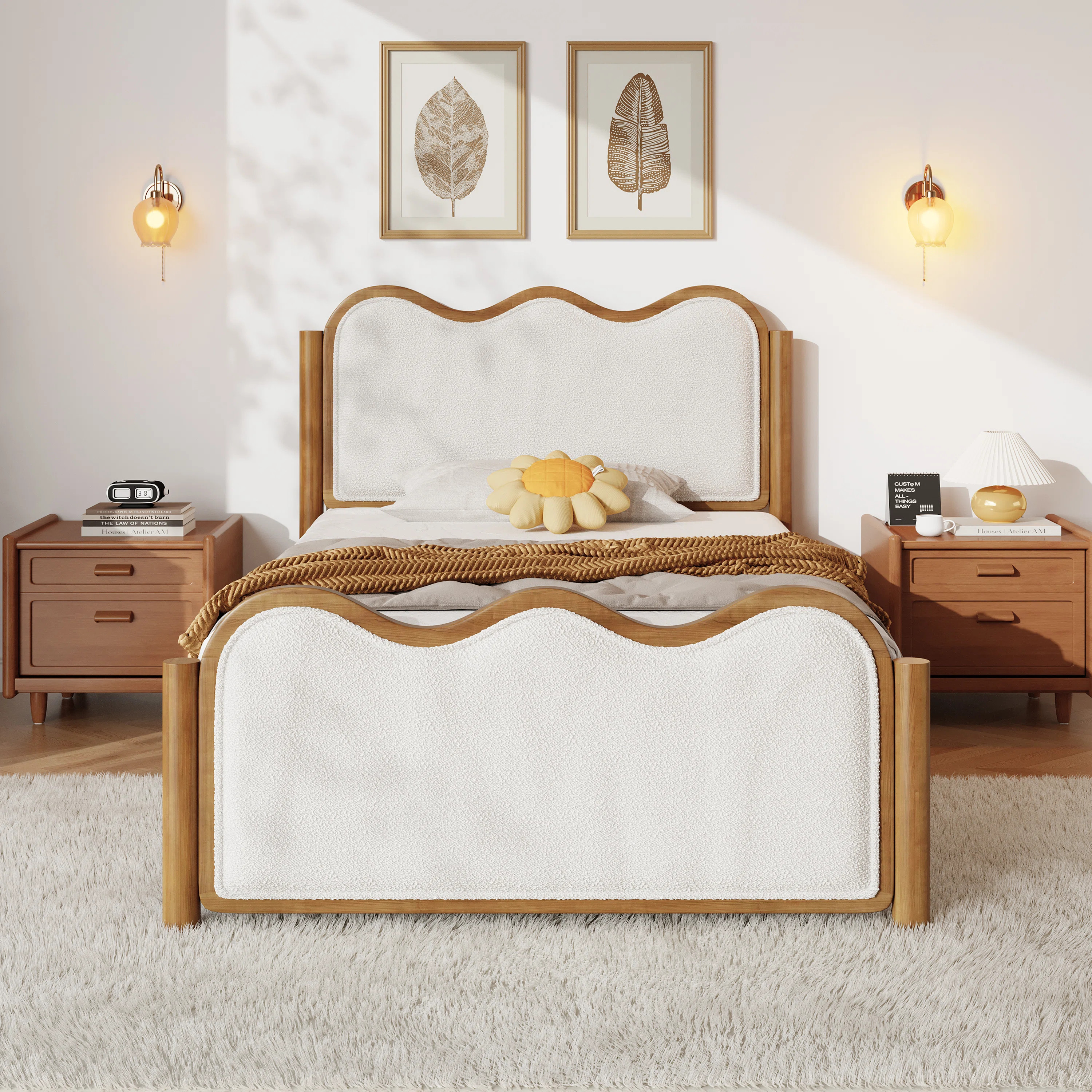 Ondine Mid-Century Modern Bouclé Upholstered Bed Frame With Wavy Curved Headboard | Wayfair North America