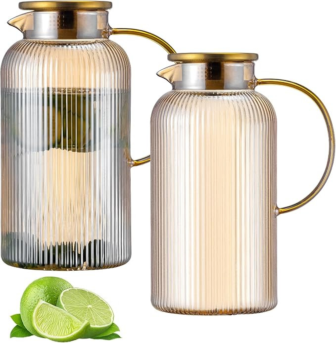 2 PACK Glass Pitcher with Lid, 68 oz/ 2 Liter Amber Classic Vertical Stripes Water Pitcher,Glass ... | Amazon (US)