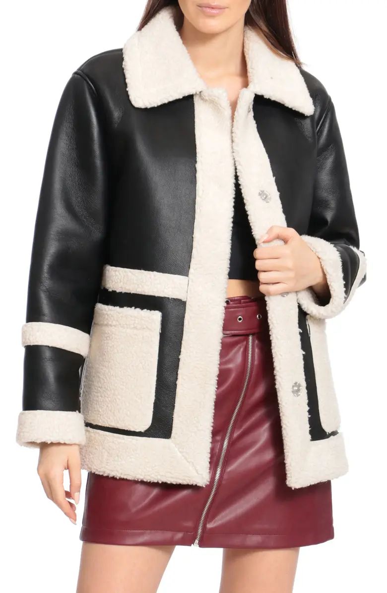 Faux Leather Snap Coat with Faux Shearling Trim | Nordstrom