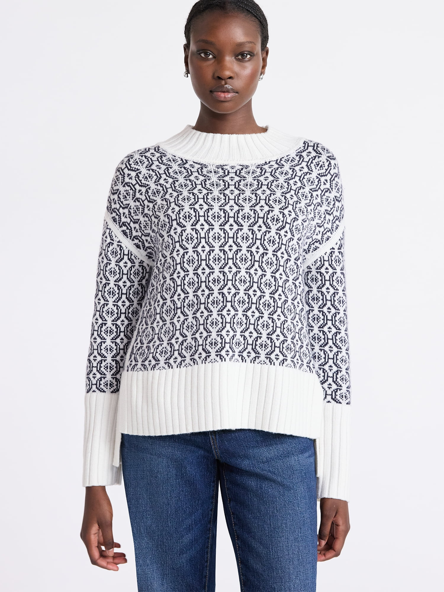 Free Assembly Women's Patterned Mock Neck Sweater with Tall Cuffs, Midweight, Sizes XS-XXL | Walmart (US)