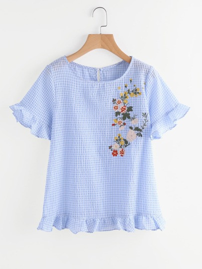 Flower Embroidered Grid Checkered Frill Top | SHEIN