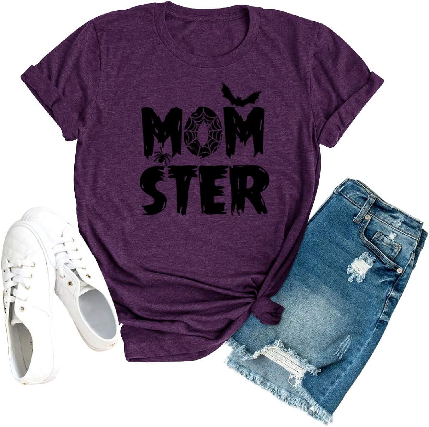 Momster T Shirt Women Funny Halloween Spider Bat Graphic Tee Casual Mom Ster Letter Print Hocus Pocu | Amazon (US)