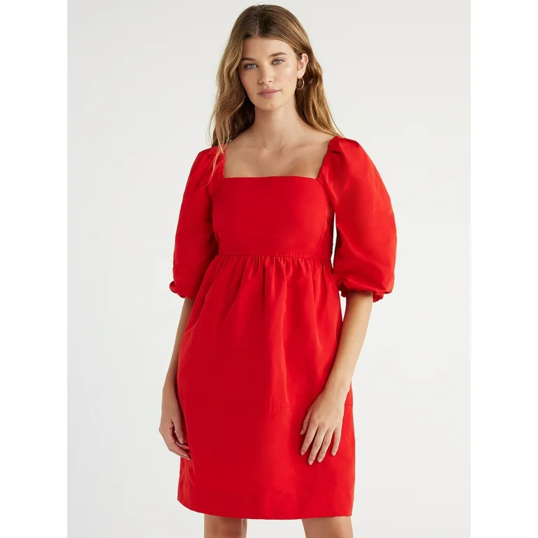 Free Assembly Women's Square-Neck Mini Dress with ¾ Sleeves, Sizes XS-XXXL | Walmart (US)