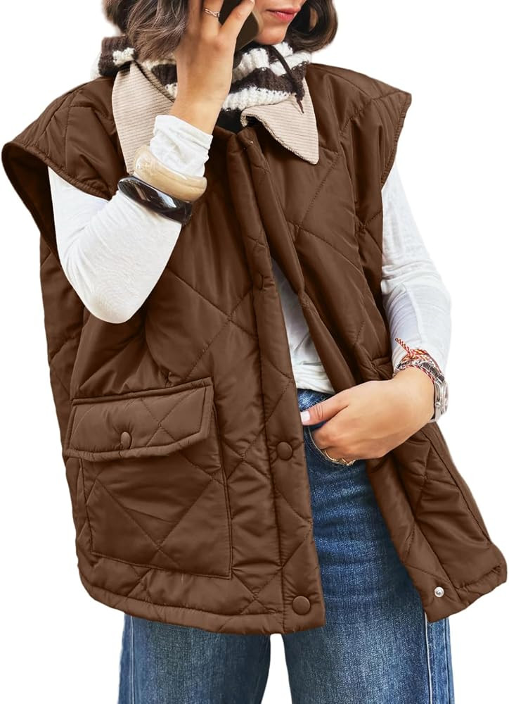 EVALESS Womens Quilted Lapel Collar Button Down Puffer Vest with Pockets | Amazon (US)