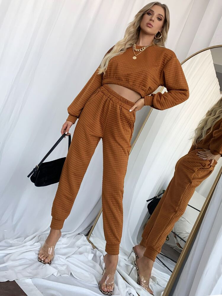 Waffle Knit Sweatshirt & Slant Pocket Pants Set | SHEIN