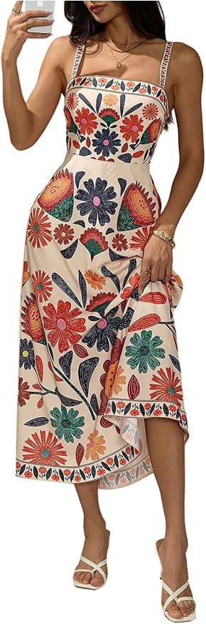 GORGLITTER Women's Floral Backless Farm Maxi Dress Summer Vacation Cruise Resort Outfits Boho Bea... | Amazon (US)
