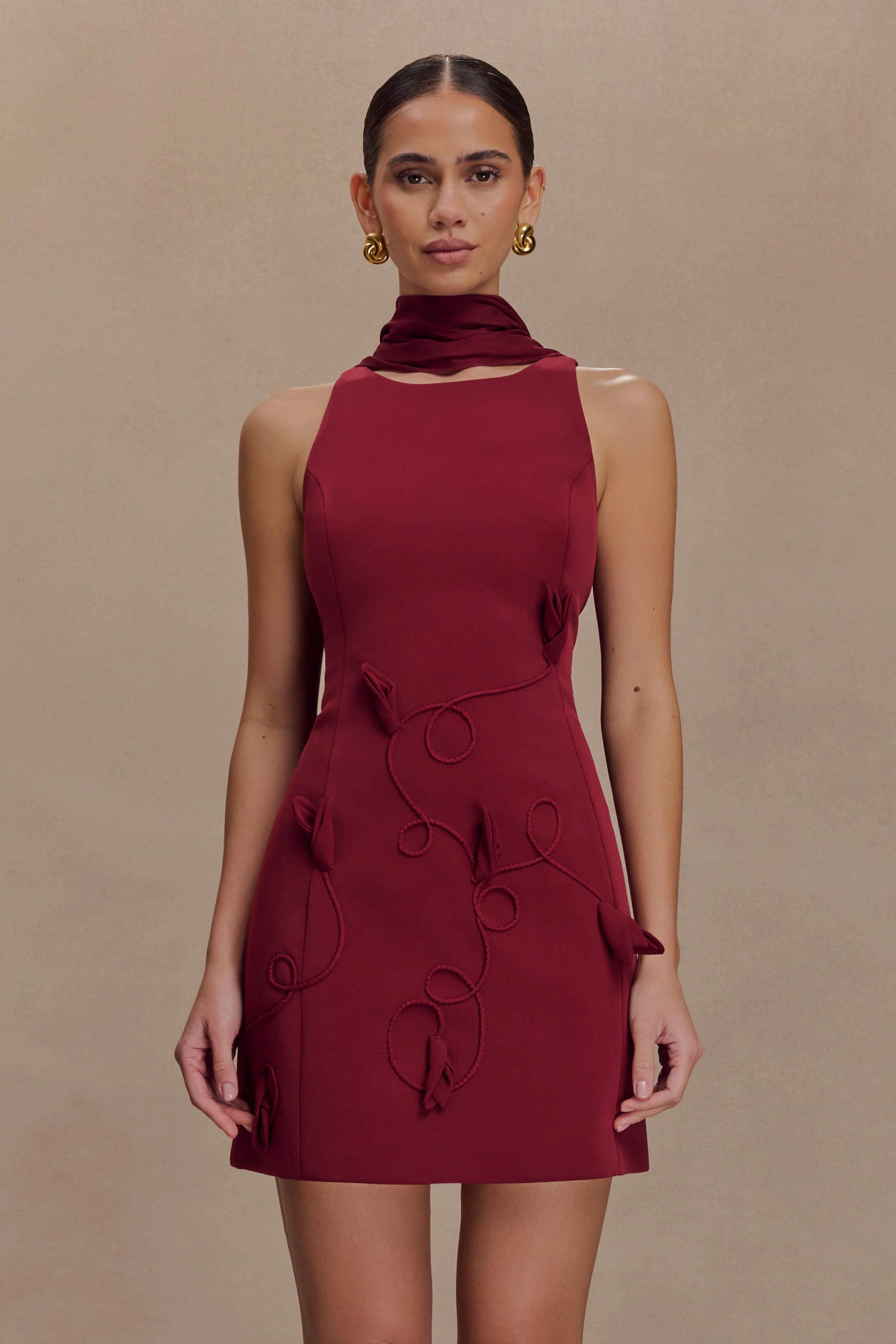 Skyler Suiting Embroidered Mini Dress - Wine | MESHKI US