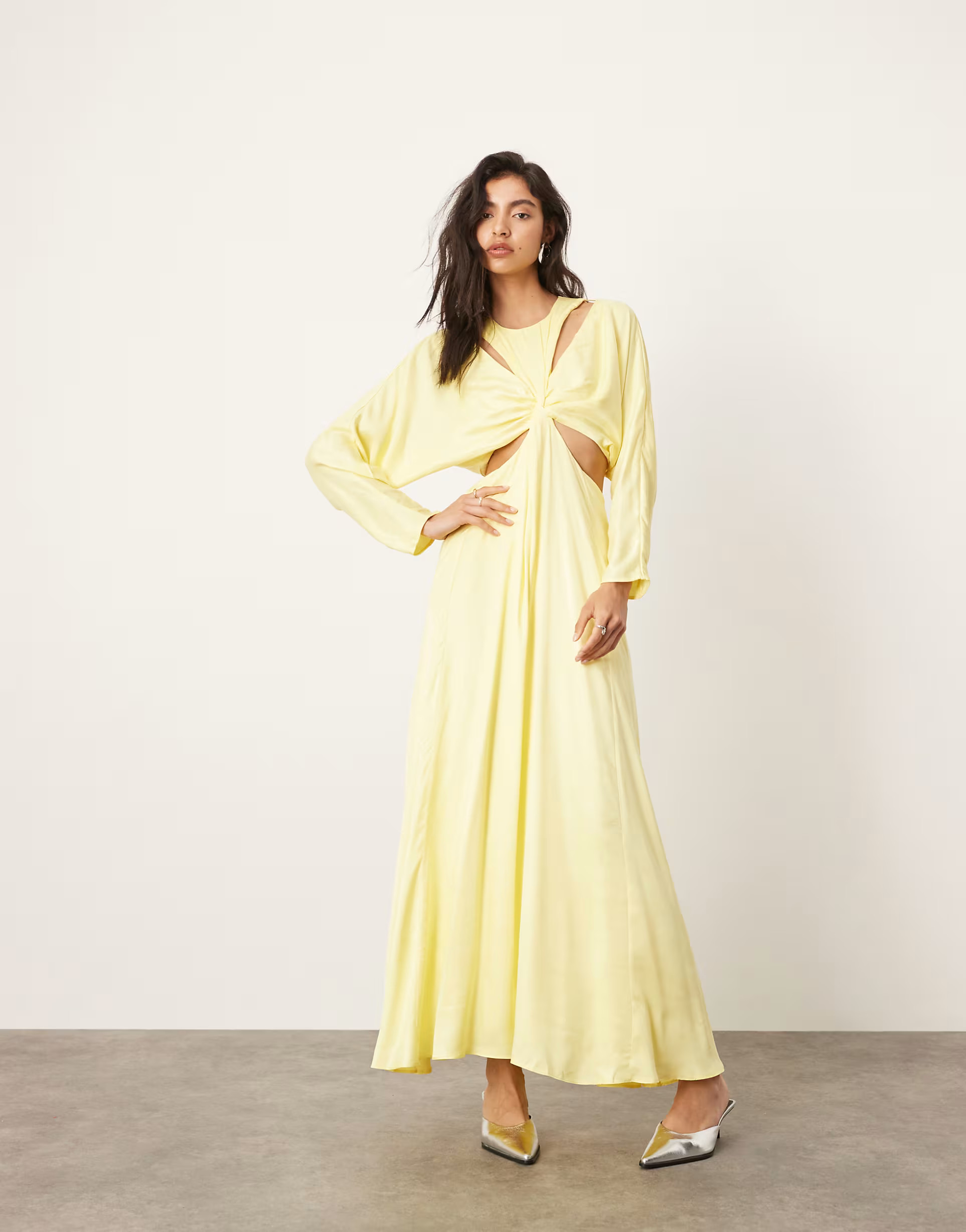 ASOS EDITION satin batwing maxi dress with cut out detail in lemon | ASOS (Global)