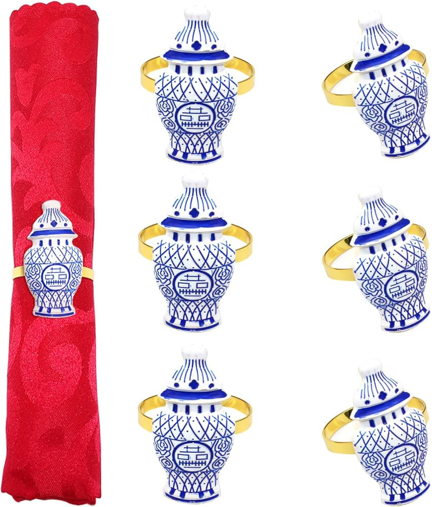 Imitation Ceramic Napkin Ring Set of 6 Blue Fake Porcelain Bottle Design Napkin Holder for Christ... | Amazon (US)