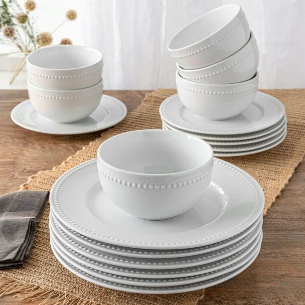 Better Homes & Gardens 18 Piece Porcelain Sophia Beaded Dinnerware Set | Walmart (US)