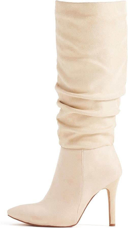katliu Women Suede Knee High Boots Pointed Toe Stiletto Boot Slouchy Zipper High Heel Boots | Amazon (US)