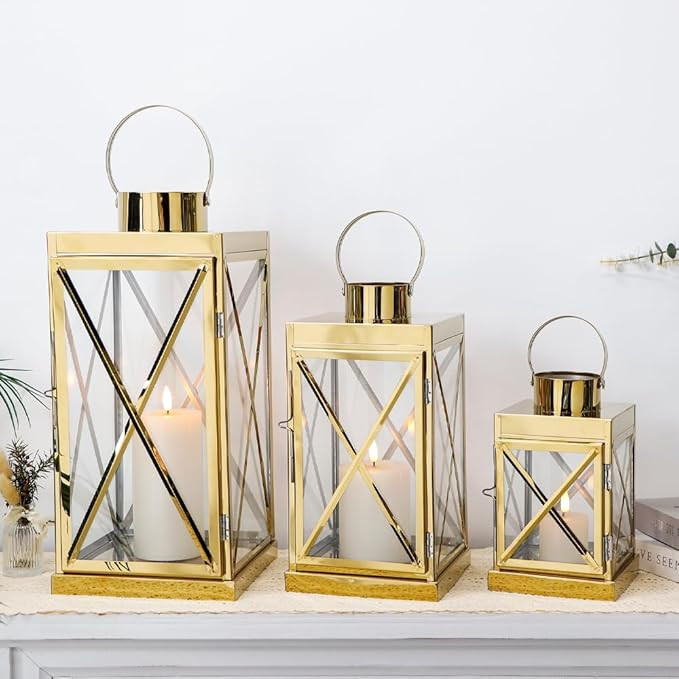 TRIROCKS Gold Stainless Steel Lantern Set of 3-Square Elegance 8/12/16 Inch Opulent Metal Candle ... | Amazon (CA)