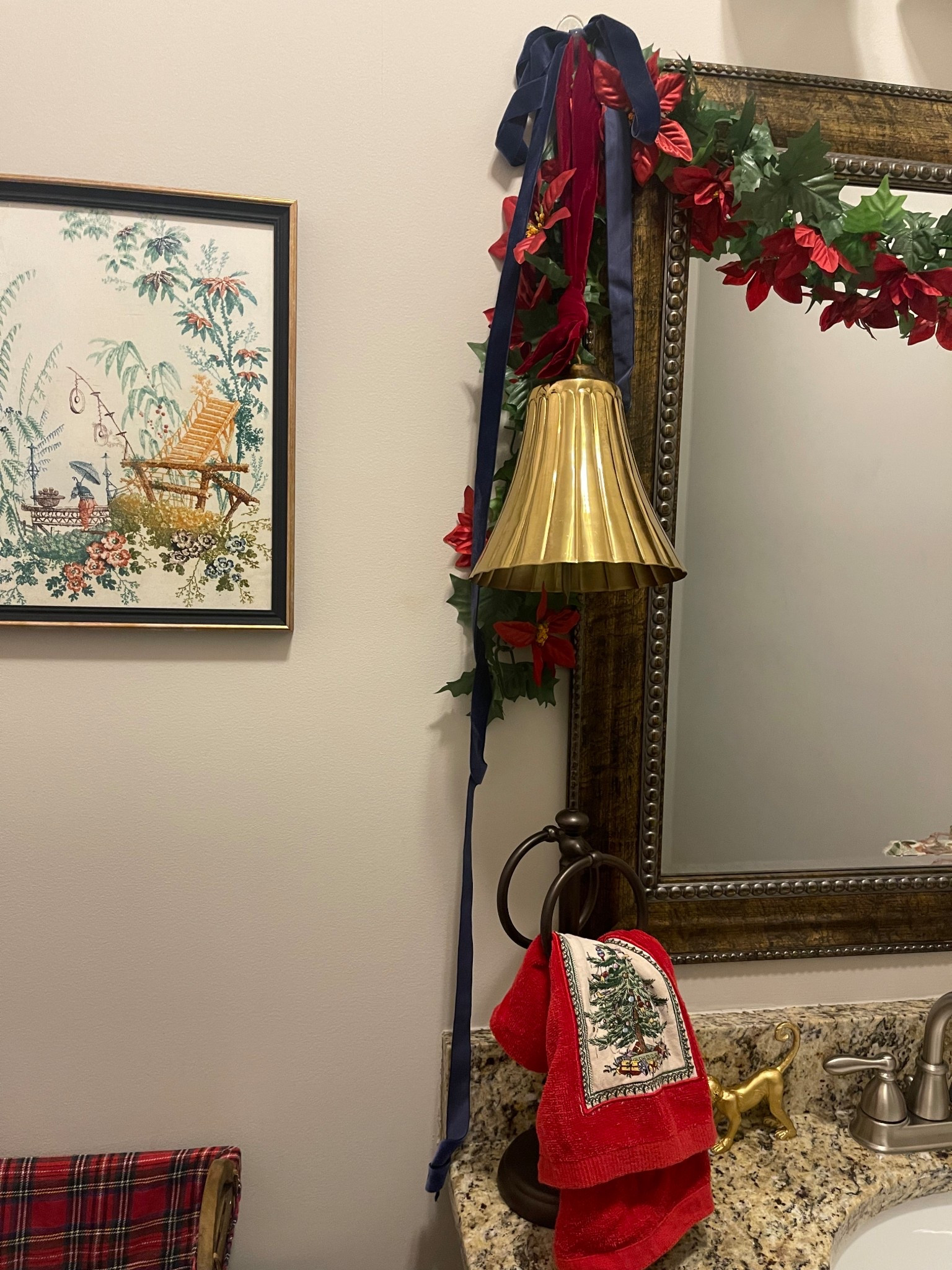 🎄✨
Chinoiserie Christmas Powder Room Decor

A festive touch of tradition meets timeless elegance in this holiday-ready powder room! I dressed up the mirror with a red poinsettia garland from Amazon and tied it off with navy velvet ribbon for a classic pop of contrast. The metal hanging bell with velvet ribbon from Walmart adds a charming vintage touch, while the Spode Christmas Tree hand towel set ties everything together perfectly. The ornamental chinoiserie wall print complements the space year-round and feels extra cozy with the holiday accents layered in.

Perfect for anyone who loves preppy holiday decor, red and navy Christmas details, classic Spode Christmas Tree pieces, and timeless chinoiserie style.

🎁 Shop the look below:
🛁 Spode Bathroom Set (Amazon)
🎀 RECUTMS Red Berry & Poinsettia Garland (Amazon)
💙 Navy Blue Velvet Ribbon (Amazon)
🔔 Metal Hanging Bell with Velvet Ribbon (Walmart)
🖼️ Chinoiserie Ornamental Print (Amazon)

✨ festive powder room decor • Christmas bathroom styling • classic holiday home • navy and red Christmas • Spode Christmas Tree • chinoiserie holiday decor • preppy Christmas bathroom • traditional Christmas home • Amazon holiday finds • Walmart Christmas home ✨

#LTKHoliday #LTKHome #LTKFindsUnder50