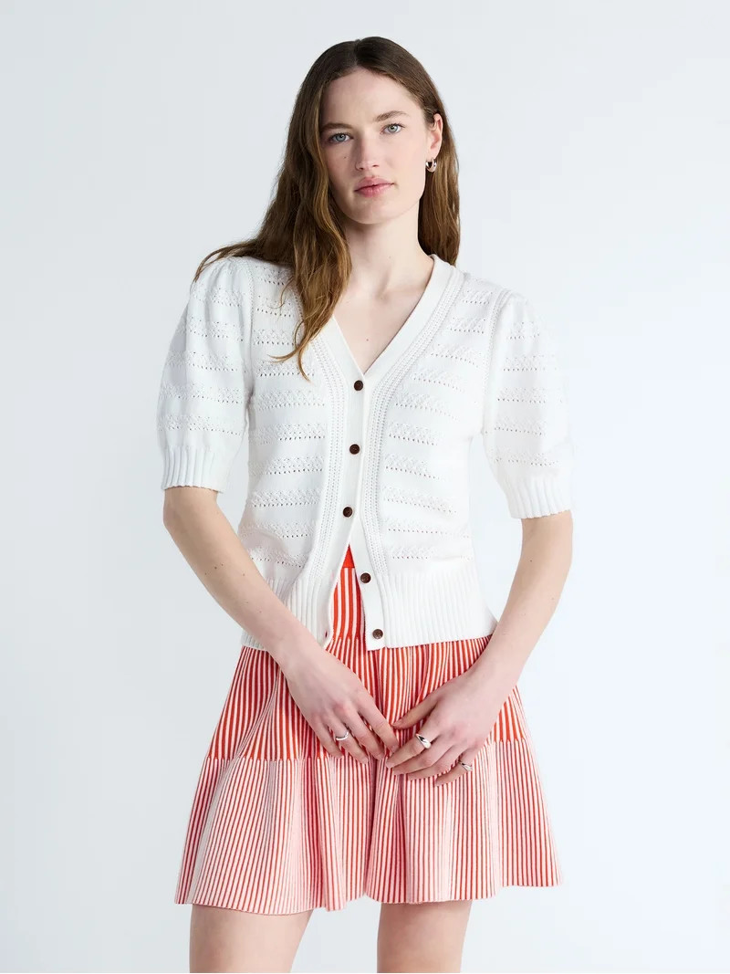 Free Assembly's Women's Cotton Crochet Cardigan Sweater with Puff Sleeves, Sizes XS-4X | Walmart (US)