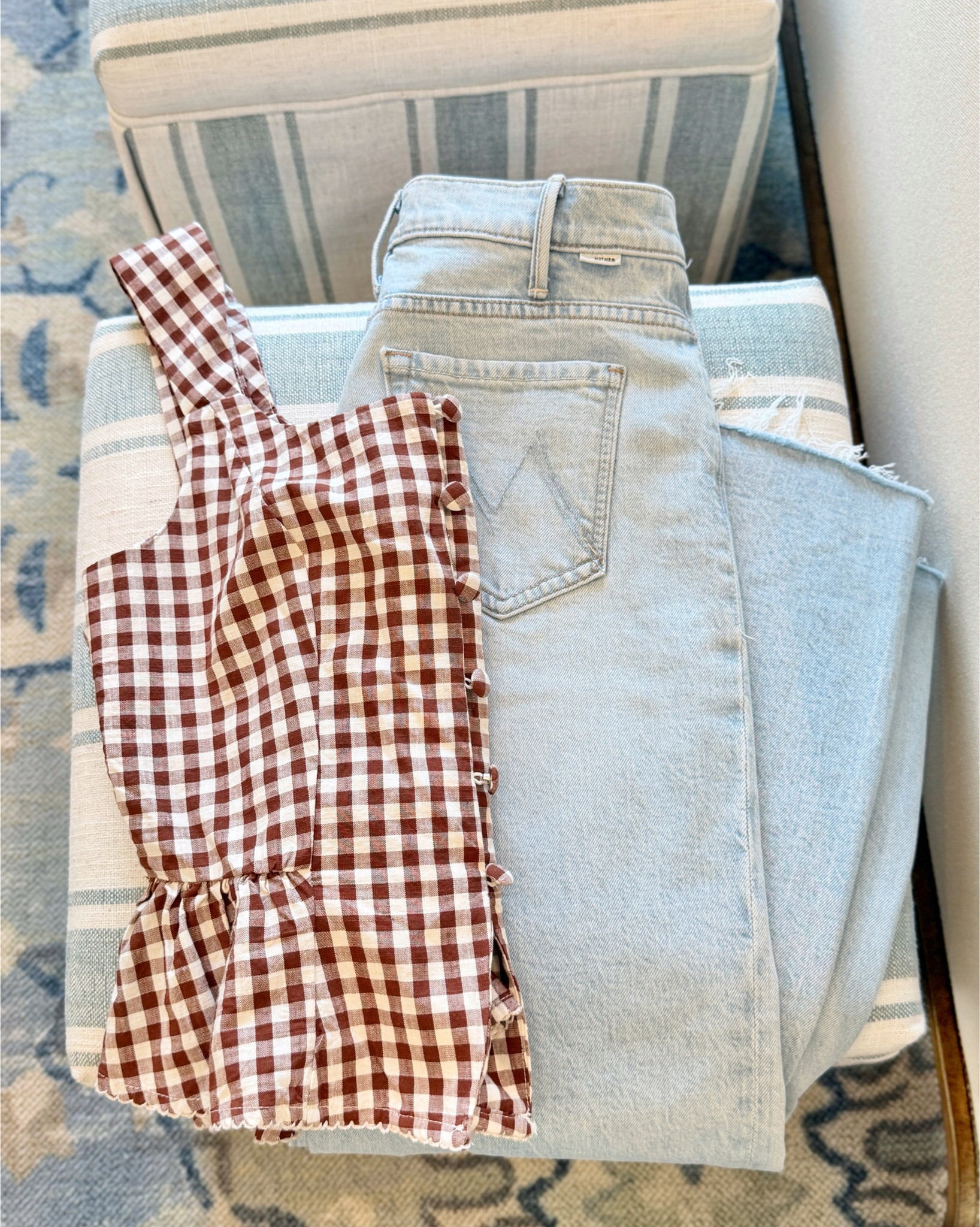 New Mother wide leg jeans with frayed hem 😍 I’m 5’5 and the lil’ mother (petite) length is perfect 👌🏻 (shrunk a little in the wash so size up if between sizes) ✨ light wash jeans gingham top target spring outfit ideas 