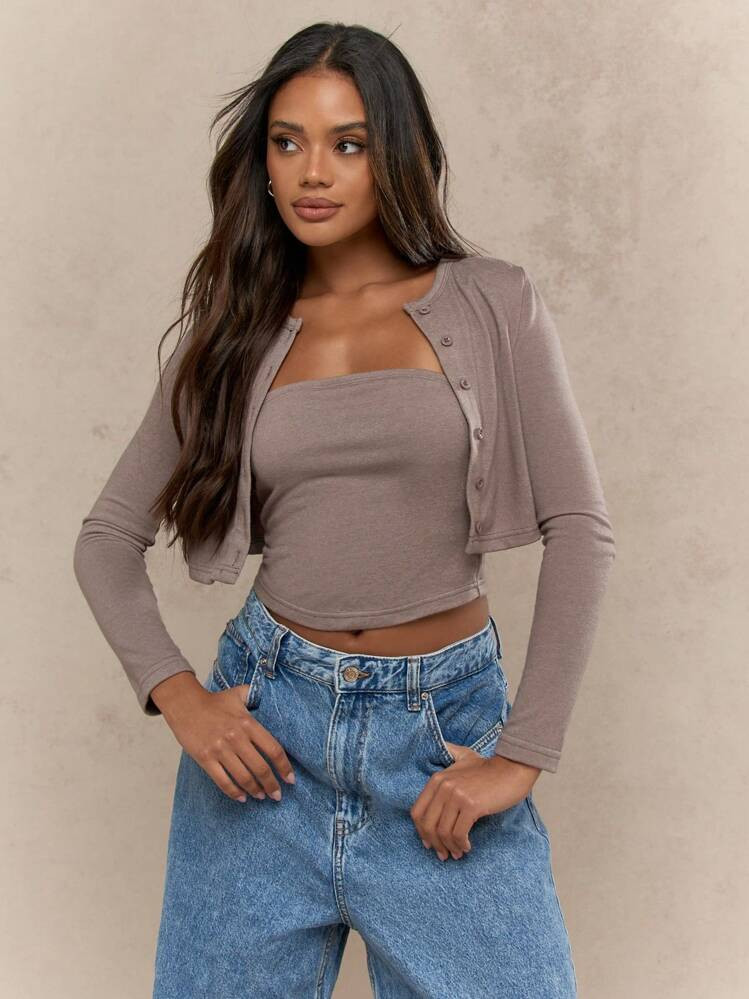 MISSGUIDED Classic Button Up Cardigan And Tube Top Two Piece Set Loungewear Autumn Winter Cozy Casual Outfit Streetwear Fashion | SHEIN