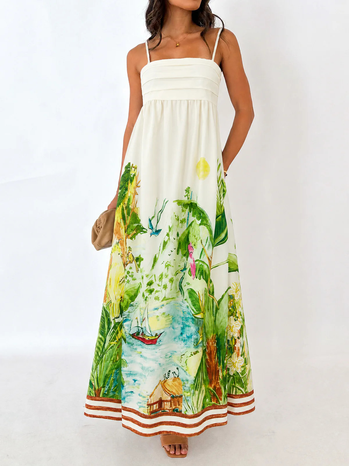 Linen Blend Printed Cami Maxi Dress | Commense
