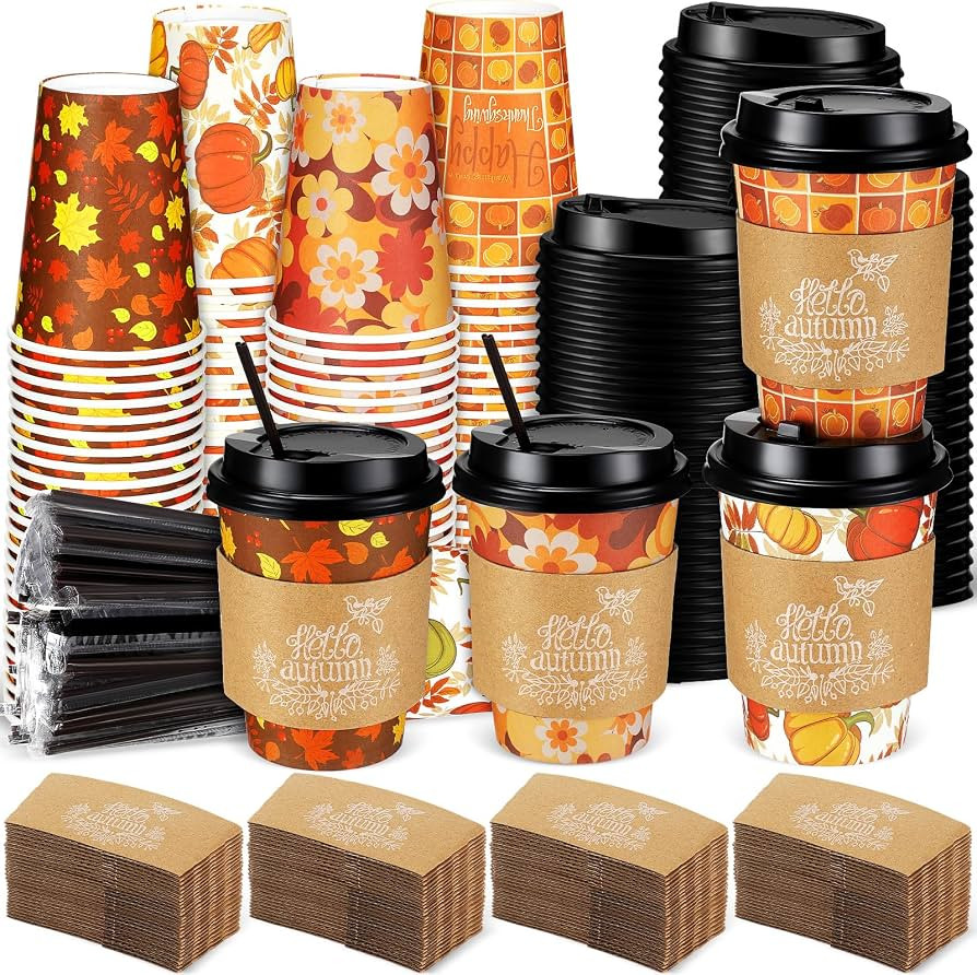 Lallisa 100 Sets Fall Coffee Cups Thanksgiving Disposable Coffee Cup with Lid Straws, Sleeve 12 o... | Amazon (US)