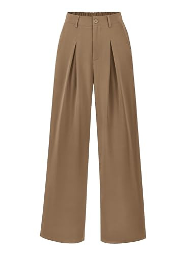 POKWAI Wide Leg Pants for Women Work Business Casual High Waisted Dress Pants Dressy Trousers Office(Khaki,Medium) | Amazon (US)