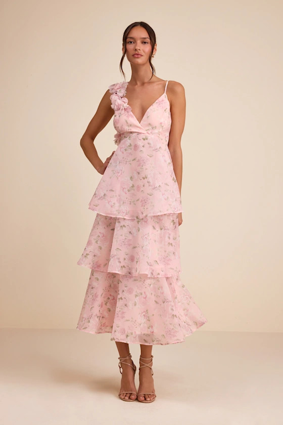 Daleyza Light Pink Floral Organza Tiered Midi Dress | Lulus