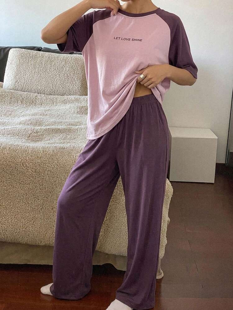 DAZY 2pcs Letter Print Raglan Sleeve Loose Short Sleeve Women Pajama Set | SHEIN