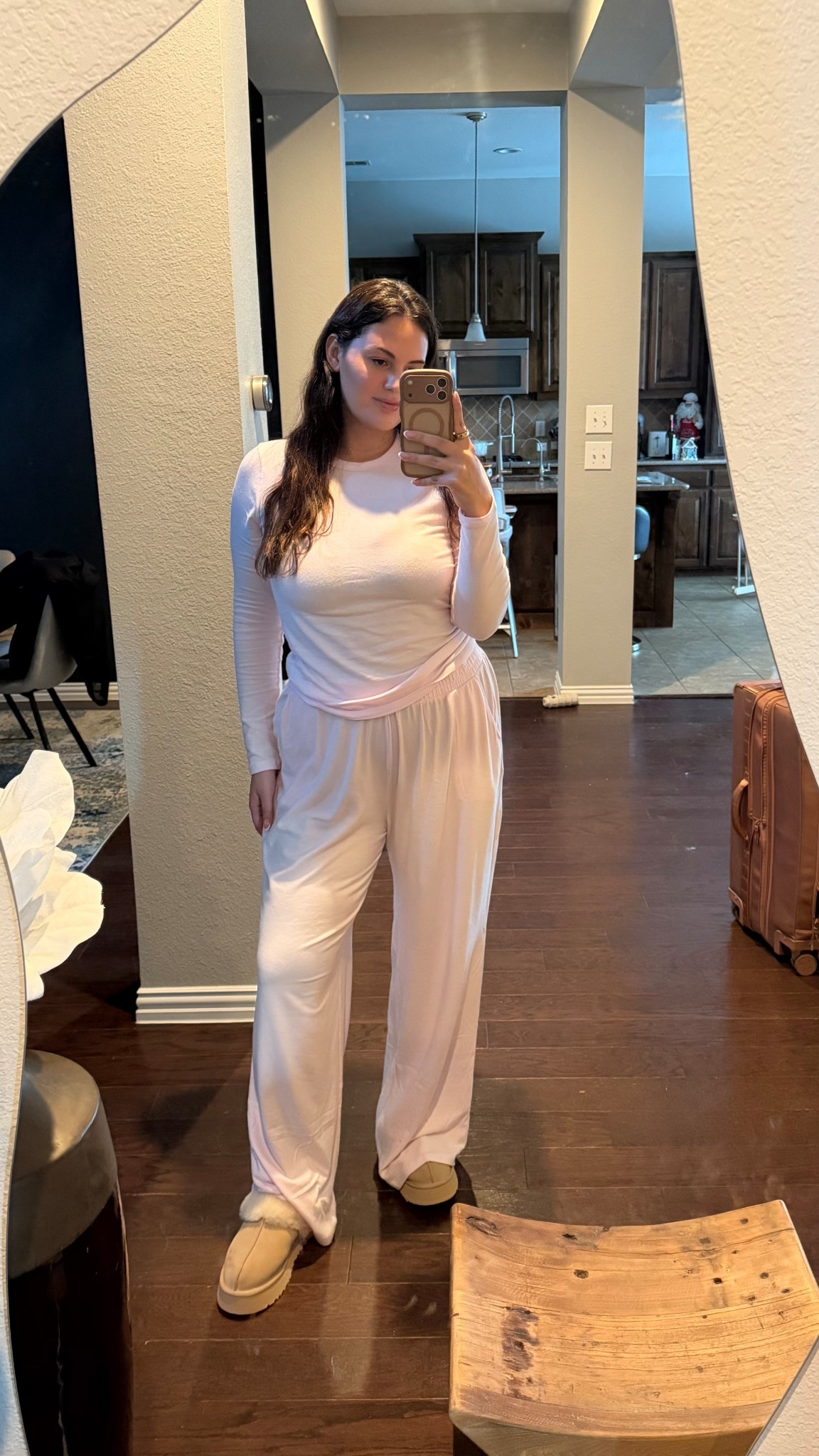 Cozy travel fit. Wearing top in large and bottoms in large tall