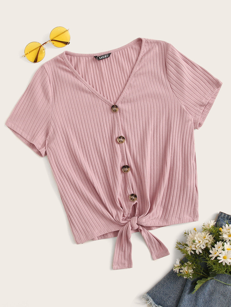 SHEIN Tie Front Buttoned Rib-knit Top | SHEIN