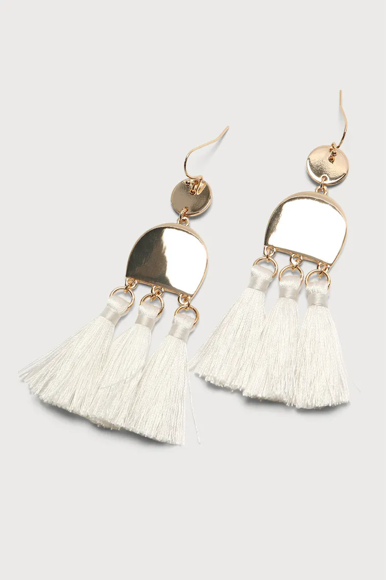 Brightly Bohemian Gold and White Tasseled Statement Earrings | Lulus