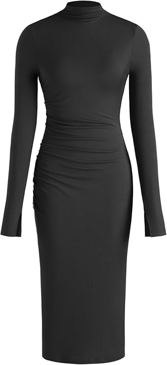 CIDER Long Sleeve Dress for Women - High Neck Ribbed Knit Bodycon Ruched Midi Dress 2024 Cocktail... | Amazon (US)