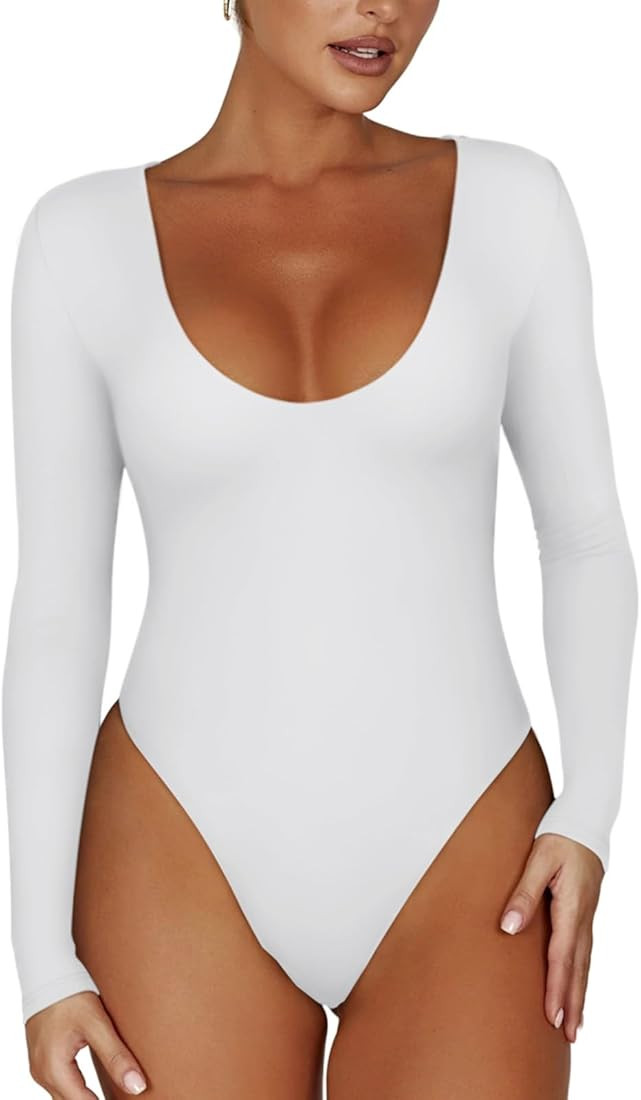 REORIA Women’s Sexy Scoop Neck Long Sleeve Double Lined Stretchy Shirt Tops Going Out Bodysuits | Amazon (US)