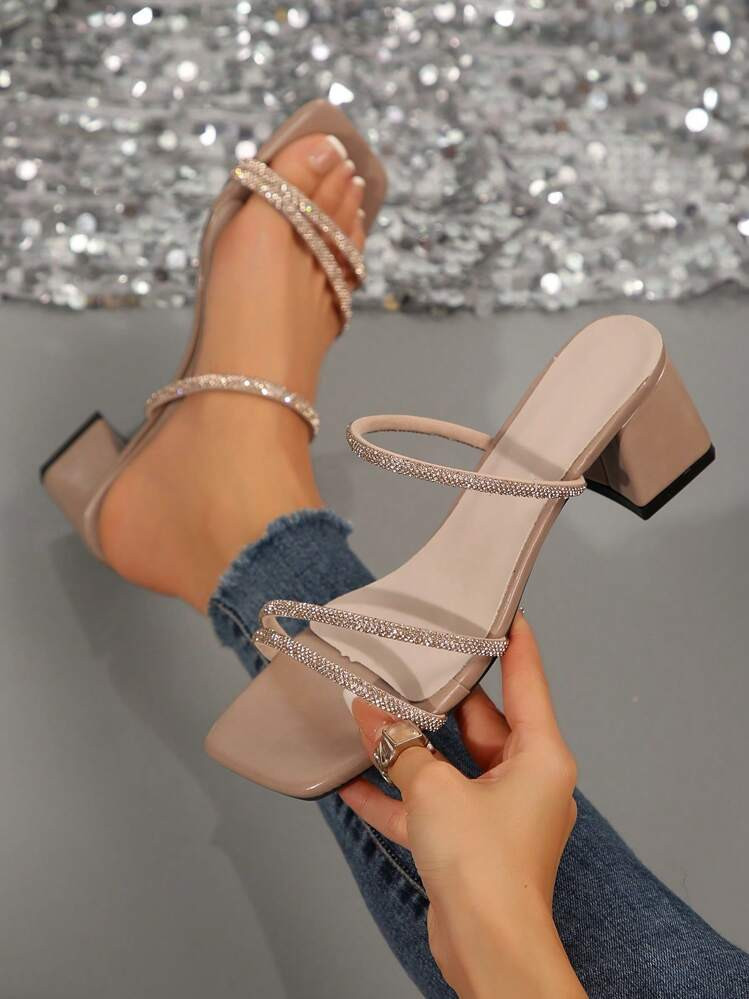 Fanciful Square Toe Chunky Heel Sandals, Fashionable Multi-Strap Rhinestone Decor High Heels, Sui... | SHEIN