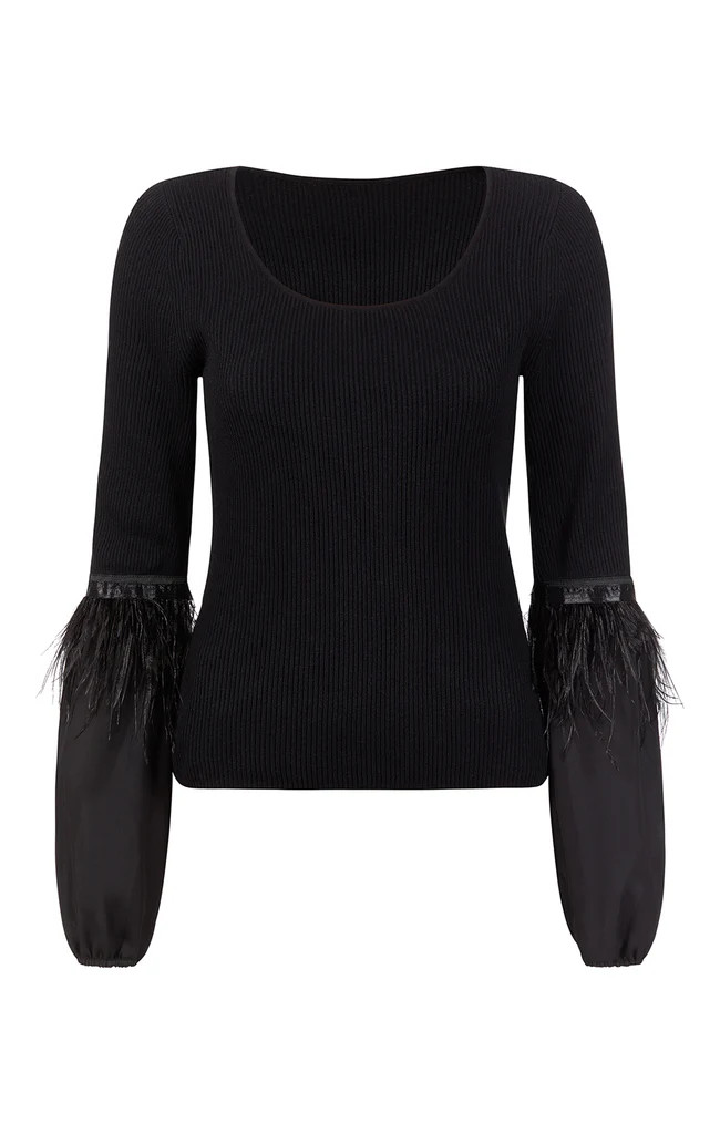 Feather-Trimmed Black Sweater | Etcetera