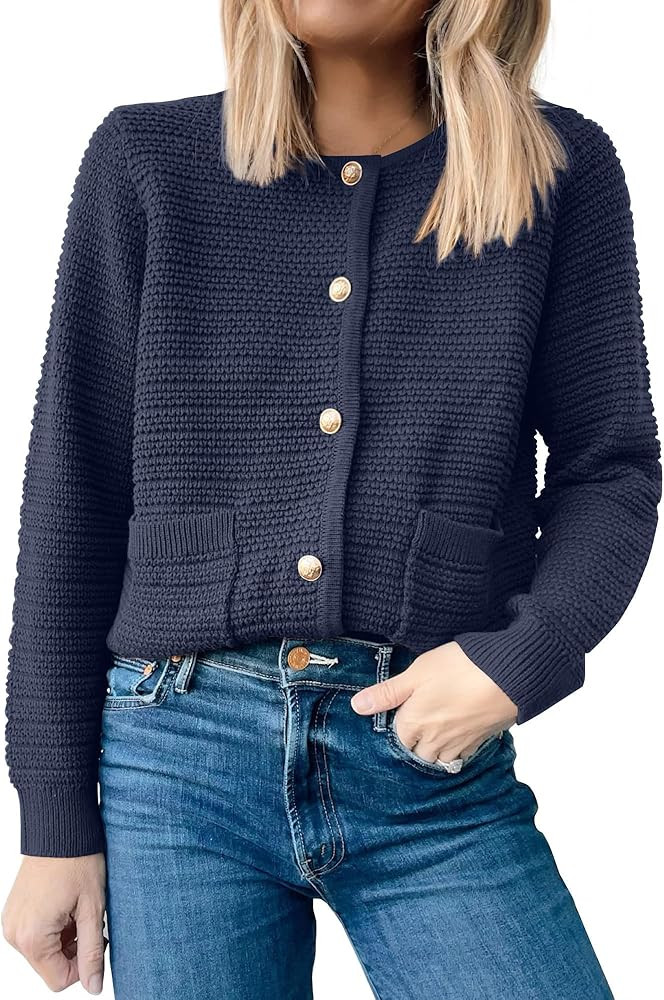 ANRABESS Women's Tweed Knit Cardigan Sweater Casual Long Sleeve Cropped Button Down Lady Jackets ... | Amazon (US)