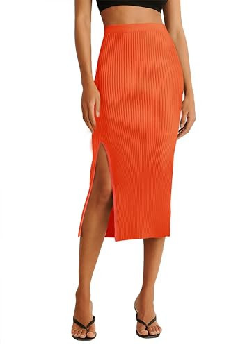 v28 Women Midi Side Split High Waisted Stretchy Ribbed Bodycon Casual Knit Pencil Skirt (S,Orange) | Amazon (US)