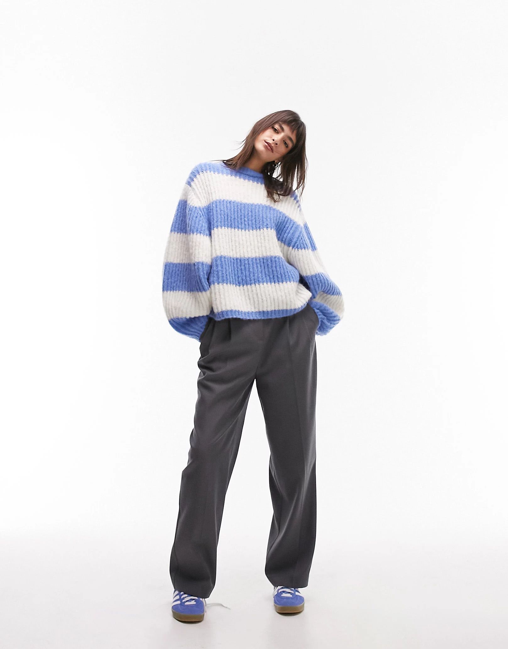 Topshop knitted volume sleeve fluffy stripe jumper in blue & white | ASOS (Global)