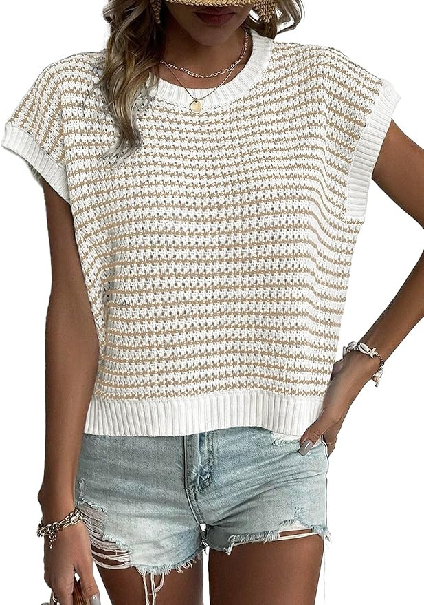 EVALESS Women's Sweater Vest Striped Pullover Tank Top Round Neck Cap Sleeve Lightweight 2025 Sum... | Amazon (US)