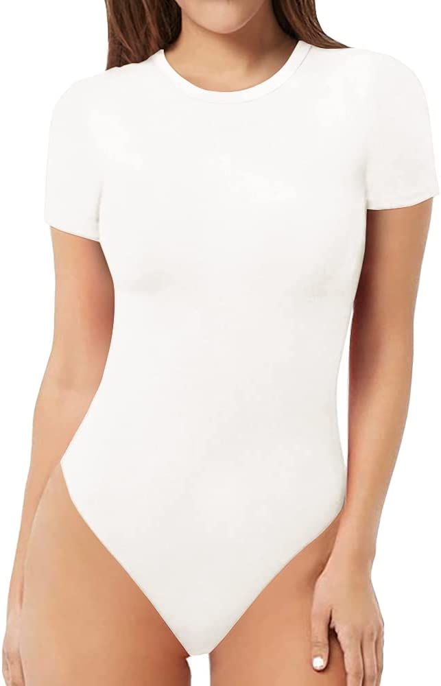 Amazon.com: MANGOPOP Women's Round Neck Short Sleeve T Shirts Basic Bodysuits (A01 White, Small) ... | Amazon (US)